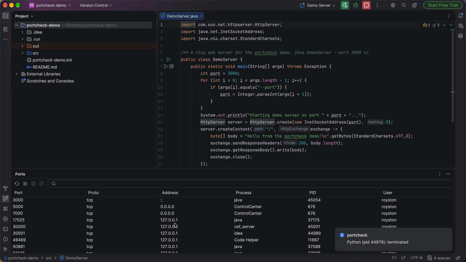 The Ports tool window: port 3000 is now served by java (the demo server, restarted), with the other listening ports, their processes, PIDs and users; a notification says Python (pid 44979): terminated