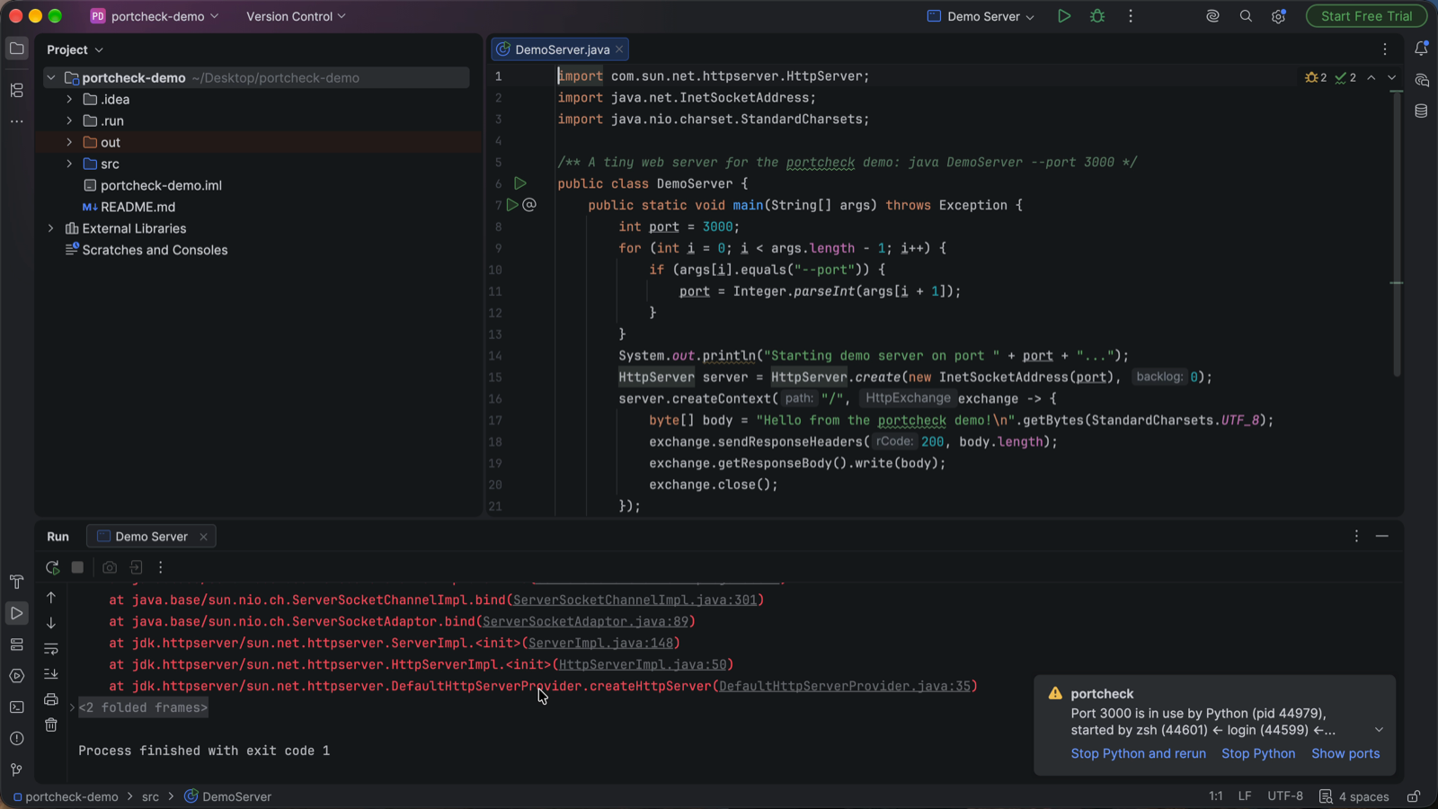 IntelliJ IDEA: Demo Server fails with java.net.BindException: Address already in use; portcheck's notification says Port 3000 is in use by Python (pid 44979), started by zsh, with Stop Python and rerun, Stop Python and Show ports