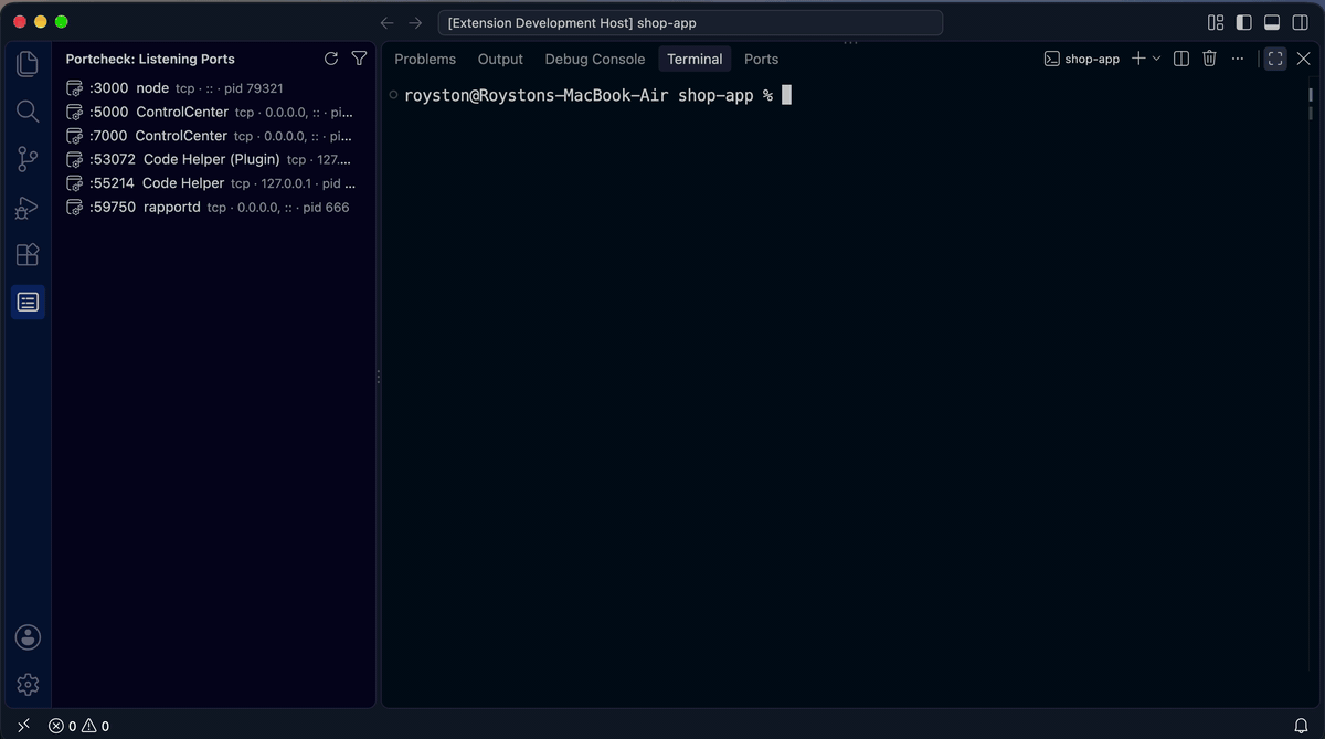 npm run dev fails with EADDRINUSE; the extension names the process holding port 3000, stops it and re-runs the command